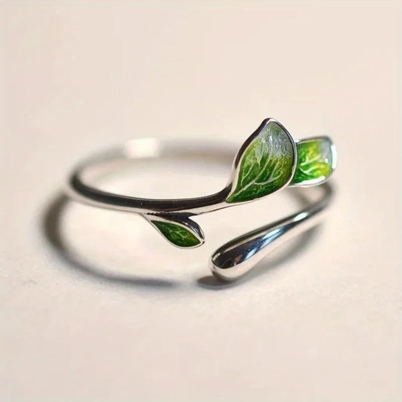 Eleganter Verstellbarer Blatt-Ring mit strahlender Emaille, veredelt in hochwertigem 925 Sterling Silber