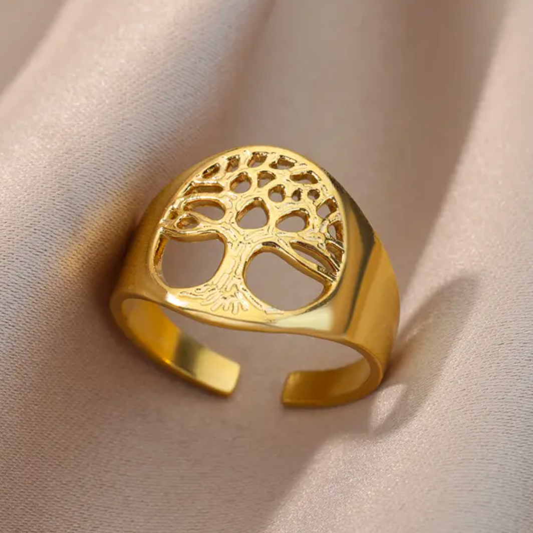 Eleganter 18 Karat vergoldeter Ring mit Baum des Lebens Design