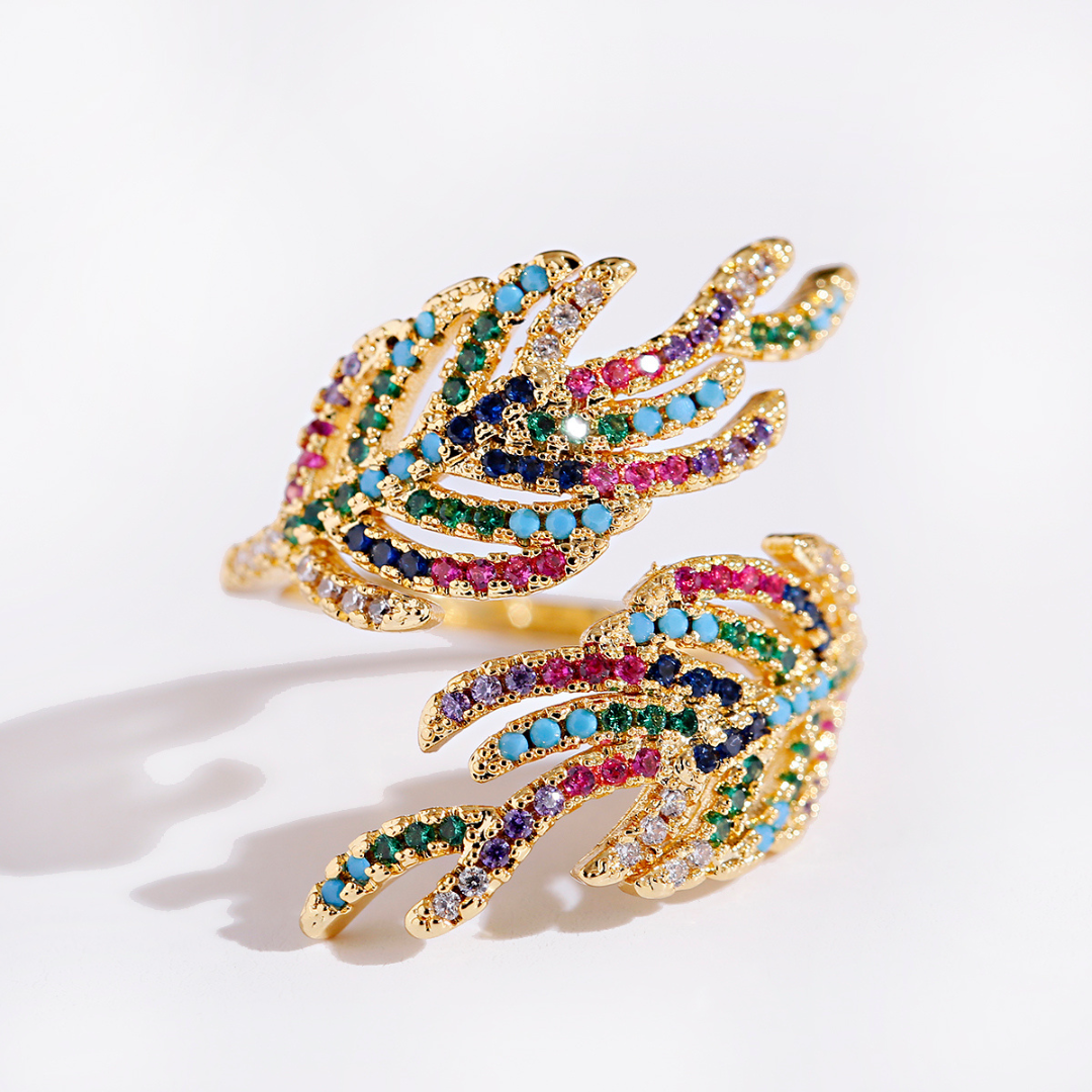 Eleganter verstellbarer 18K Gold Plated Blattring mit strahlenden bunten Zirkonia-Steinen