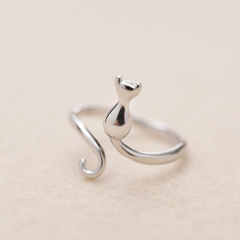 Verstellbarer 925 Sterling Silberring im süßen Katzen-Design