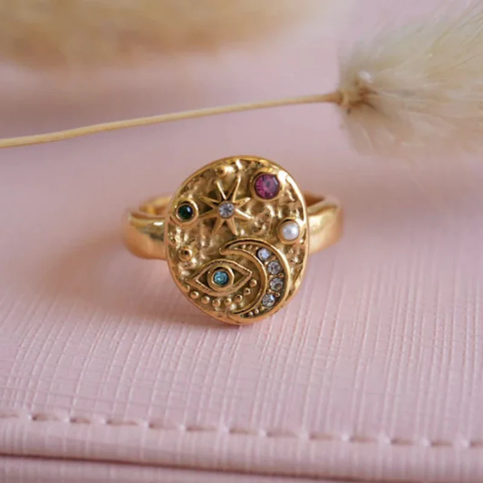 Eleganter Vintage Gold Mosaik Eingelegter Stein Ring