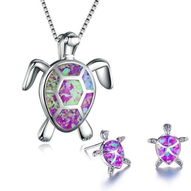 Elegantes Set aus Opal und Silber: Halskette und Ohrringe mit einzigartigem Meeresschildkröten-Design