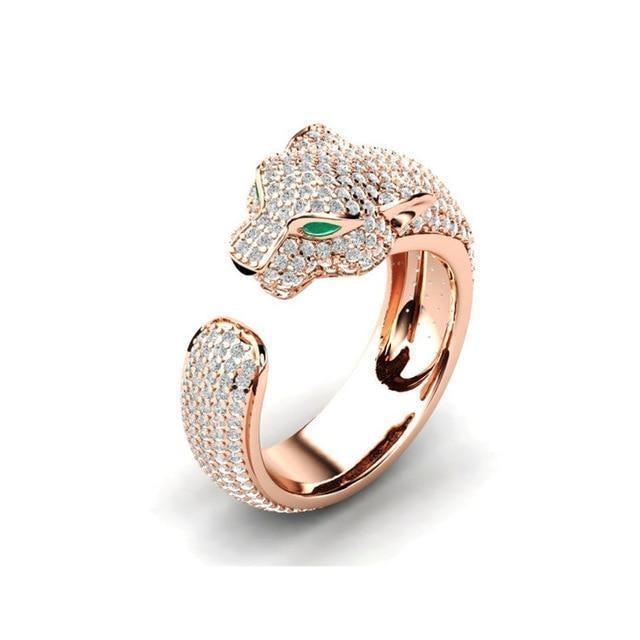 Eleganter verstellbarer Jaguar-Ring aus hochwertigem 18K Silber und 18K Roségold, funkelnd mit grünen Zirkonia-Augen