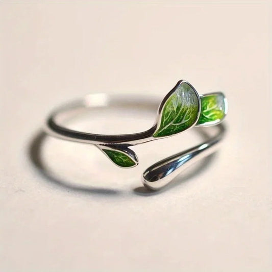 Eleganter Verstellbarer Blatt-Ring mit strahlender Emaille, veredelt in hochwertigem 925 Sterling Silber