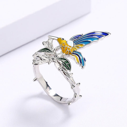 Exquisit handgemalter Silberring mit charmantem Vogel-Design