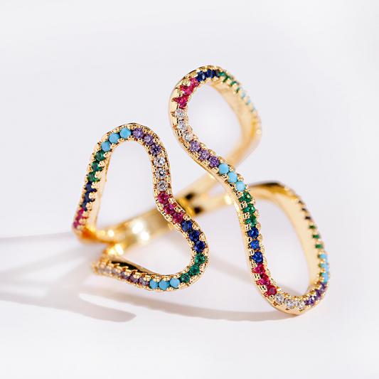 Eleganter verstellbarer Ring mit funkelnden Zirkoniasteinen in lebendigen Farben, 18 Karat vergoldet