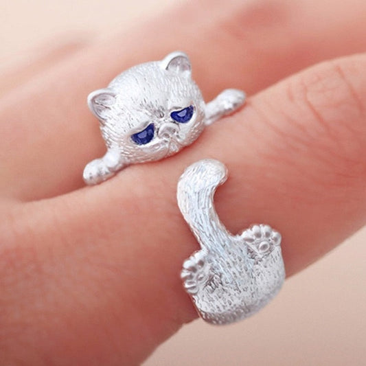 Eleganter handgefertigter Katzenring aus 925 Sterling Silber mit strahlendem blauem Zirkoniumdioxid