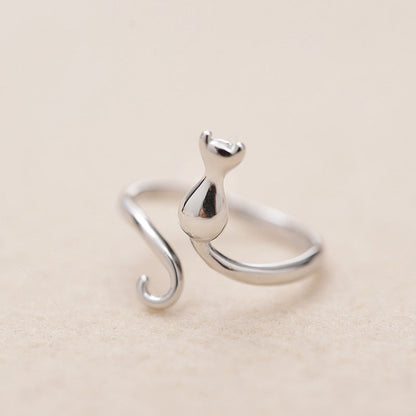 Verstellbarer 925 Sterling Silberring im süßen Katzen-Design