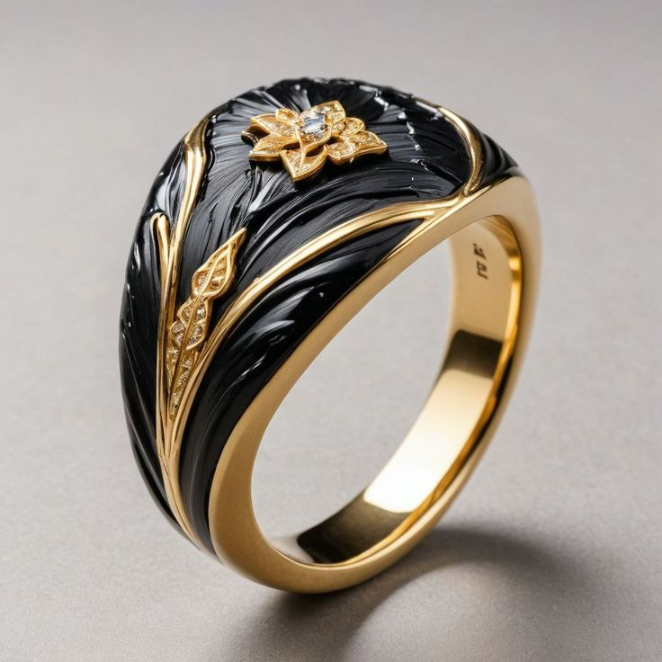 Klassischer schwarzer Emaille-Ring im eleganten Vintage-Gold