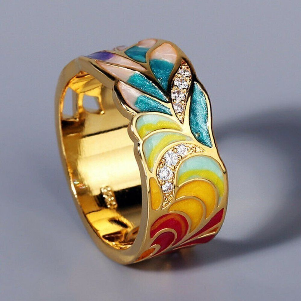 Eleganter handgemalter floraler Ring im Vintage-Gold-Look