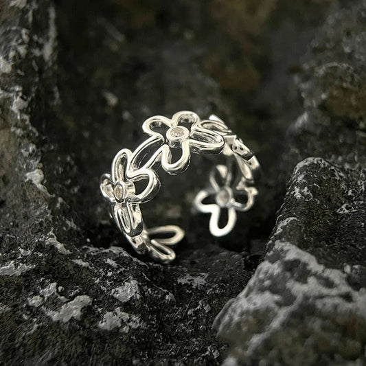 Eleganter verstellbarer Vintage Blumenring aus hochwertigem 925 Sterling Silber
